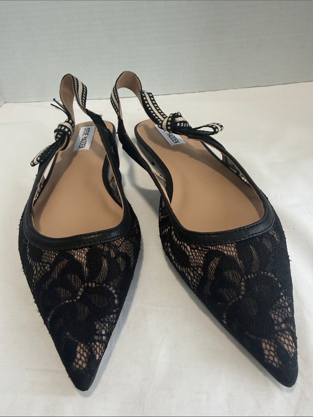 Steve Madden Size 9 Black See Through Lace Pointed Slingback Flats with Bow NWT